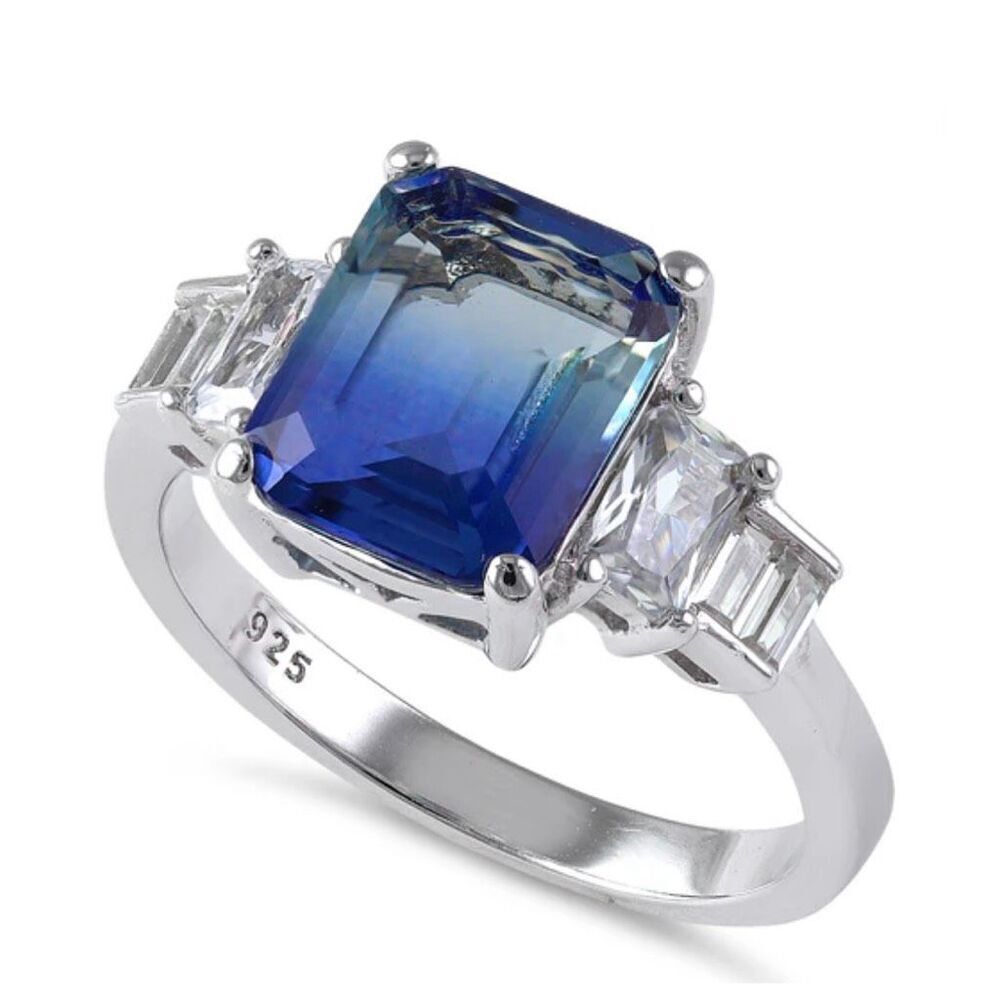 Sterling Silver Bi-Color Blue Sapphire Sky Ombre CZ Ring New